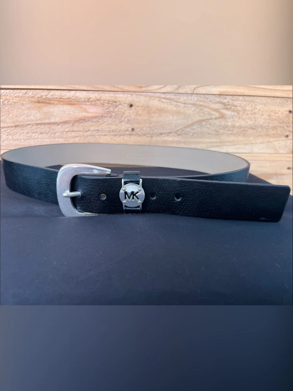 Michael Kors Black Leather Men’s Belt with Silver MK Hardware